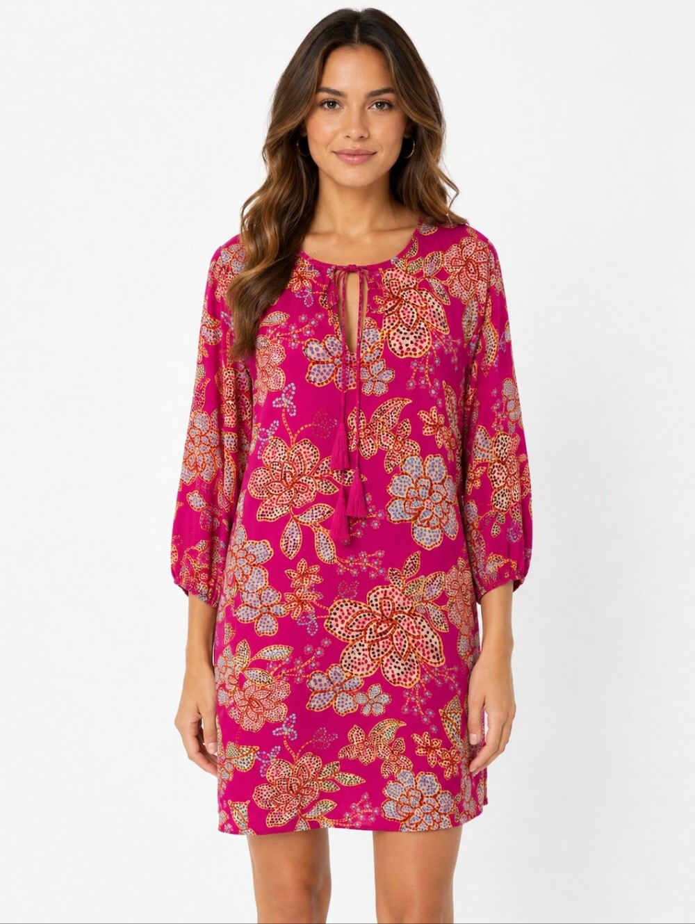 Johnny Was Jade Silk Floral Shift Dress Pink Tassel Tie Boho Small